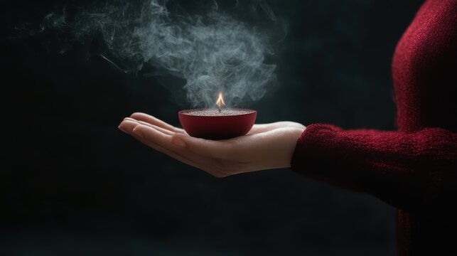 A glowing candle held in hand with wisps of smoke rising