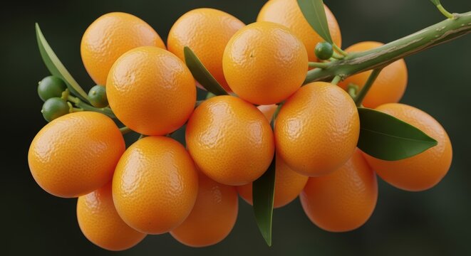 Fresh kumquats on a branch with vibrant green leaves