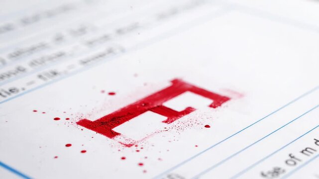 Closeup of a red rubber stamp with the letter f on a document with lines