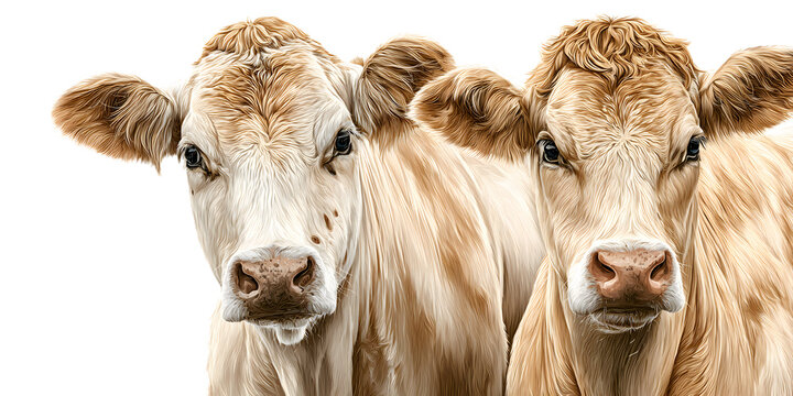 Two light brown cows standing together