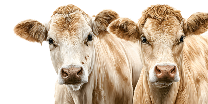 Two light brown cows standing together