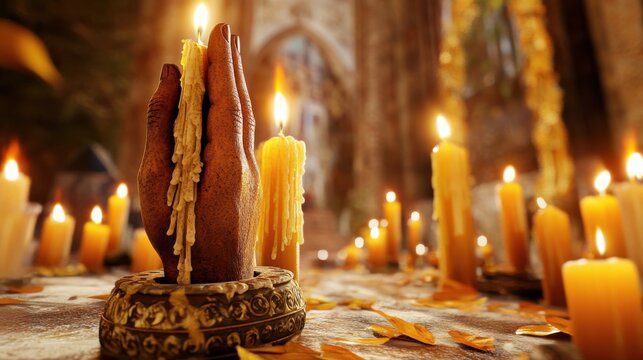 A hand holding a dripping candle, amidst a gathering of lit candles in a church setting