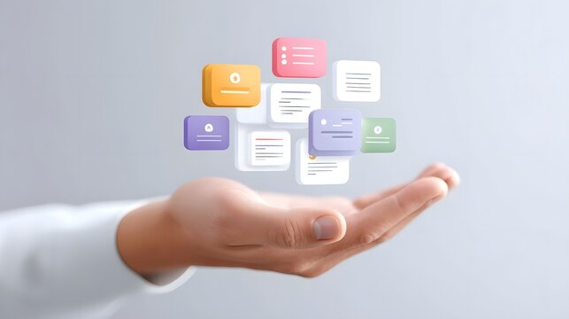 Close up of a human hand offering a vibrant array of floating digital cards and blocks each displaying abstract icons and lines representing data tasks or notes in a modern organized system