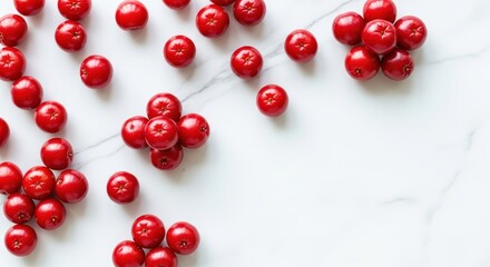 Fresh red berries scattered on marble surface