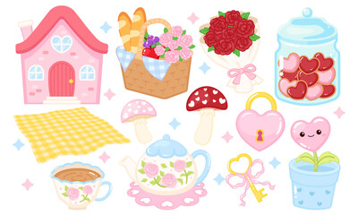 Cute Cozy Cottagecore Valentine picnic element clipart set