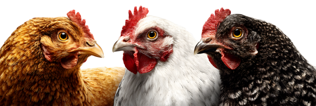 A trio of farm chickens, featuring a brown, a white, and a black speckled hen, are positioned together against a stark transparent background
