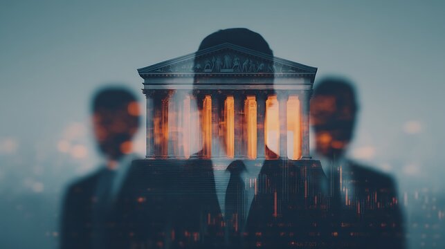 A digital double exposure of a businessman with a historic building in the background, symbolizing the fusion of modernity and tradition in leadership. - Powered by Adobe