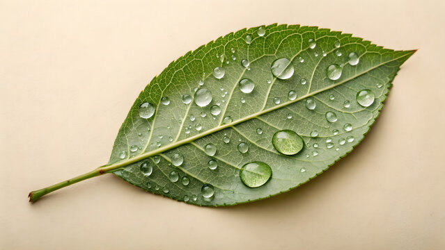Dewdrops on a vibrant green leaf close-up