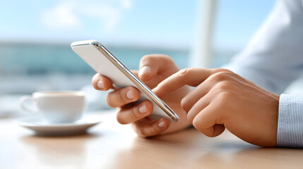 Close up of hands using a mobile phone for online flight booking with an airplane icon beside a coffee cup in a bright modern setting