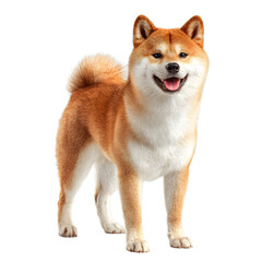 Naklejka premium A shiba inu dog with a fluffy tail curled over its back, standing and looking forward with a happy expression