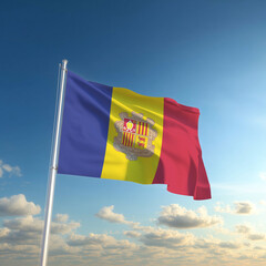 Andorra's flag is waved in the azure sky. Andorra flag for Independence Day and Republic Day.