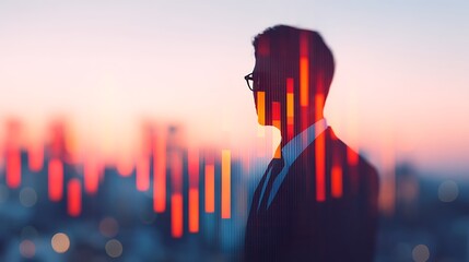 A silhouette of a man in a suit against a vibrant city skyline, overlaid with colorful financial graphs, depicting a sense of analytics and business growth.