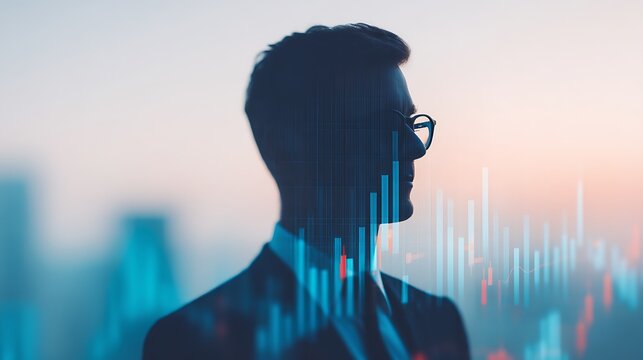 A silhouette of a man in formal attire with glasses, overlaid by digital stock market graphs, symbolizing finance and analysis.