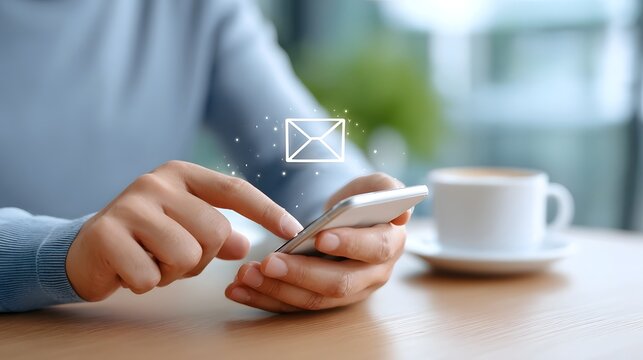 Close up of hands operating a mobile phone featuring a glowing email notification icon suggesting digital communication and networking with a coffee cup nearby