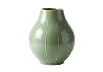 Isolated Green Ceramic Vase with Ridges, Decorative Pottery for Floral Arrangements