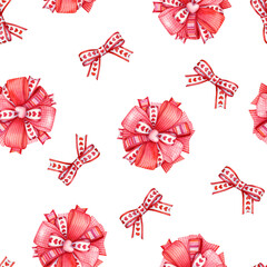 Seamless pattern of hand painted cute red bows with hearts.