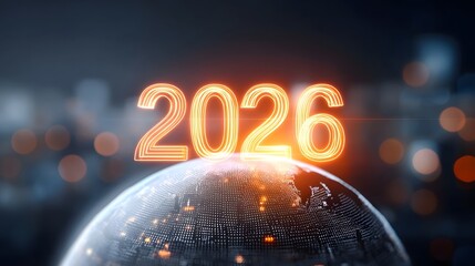 Bright neon orange numbers of 2026 hover over a detailed digital representation of the planet Earth set against a dark abstract background with bokeh lights suggesting innovation and the future