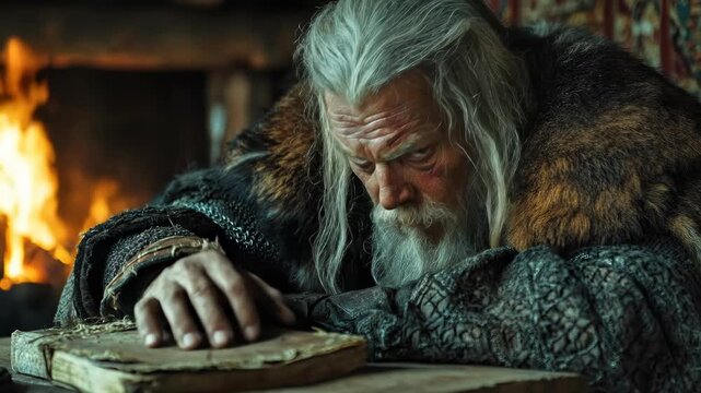 A powerful ancient Norse elder, with a flowing white beard and hair, intensely watches. He wears a majestic fur cloak, his aged hand resting on a mystical antique book near a cozy fire.