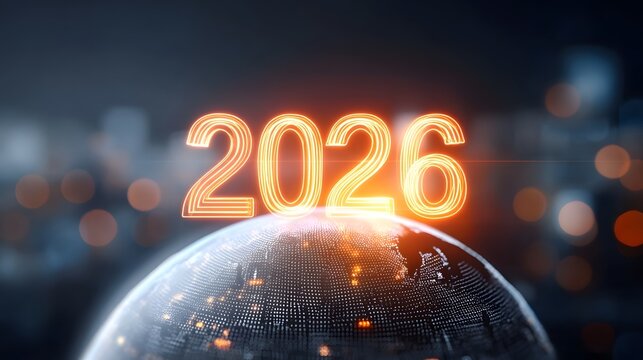 Bright neon orange numbers of 2026 hover over a detailed digital representation of the planet Earth set against a dark abstract background with bokeh lights suggesting innovation and the future