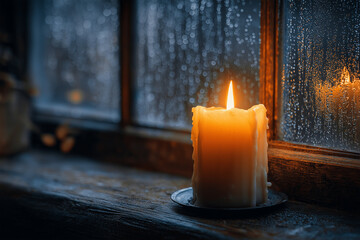 Lit thick candle on wooden windowsill next to rainy window at night