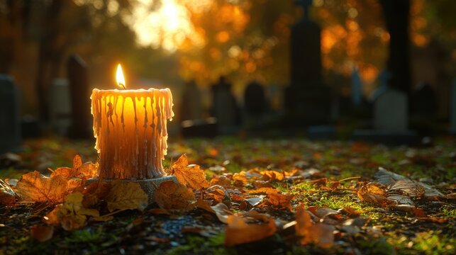 Autumnal remembrance candle in a cemetery setting