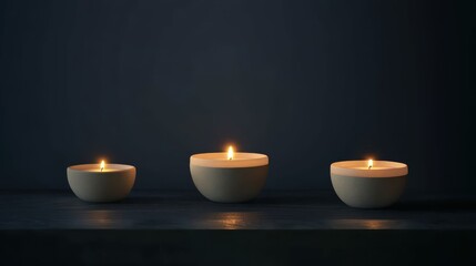Three lit candles in a row on a dark wooden surface