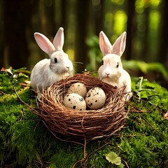 Two white rabbits with long ears sit beside a nest holding spotted eggs amidst lush green moss and forest background. Sunlight filters through trees