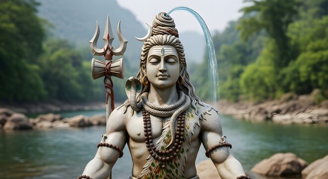 Serene statue of a deity with trident against a blurred natural landscape - Powered by Adobe