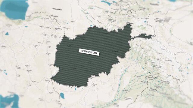 Borders of the state of Afghanistan on the map. Country Afghanistan on the map is highlighted by a polygonal border. From above zooming in with panoramic view