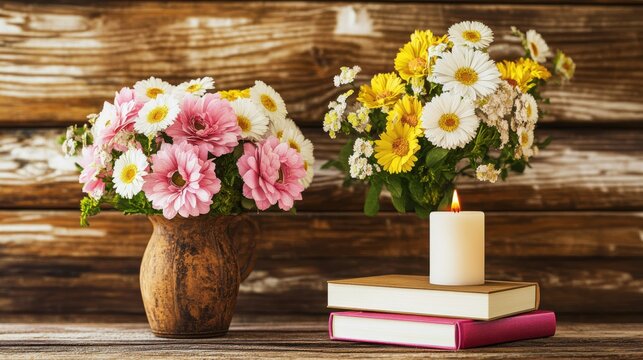 Rustic floral still life: pink gerbera daisies, yellow daisies, candle, and books - Powered by Adobe
