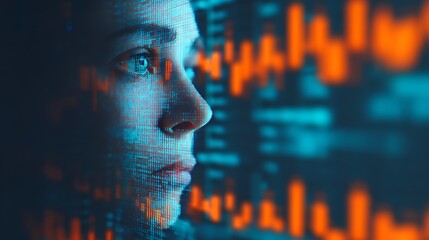 A close-up of a person's face illuminated by digital data streams, reflecting a blend of technology and human emotion.