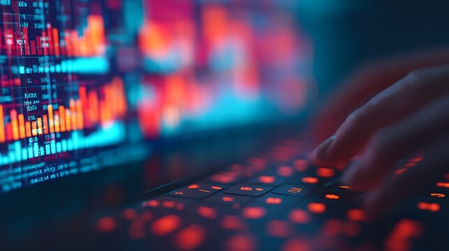 A close-up of a hand typing on a keyboard, with a digital display of colorful data and graphs in the background, suggesting analysis and technology.