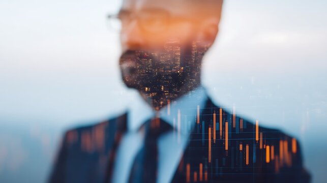 A businessman stands in the foreground with a blurred cityscape and financial graphs overlay, symbolizing investment and corporate success.