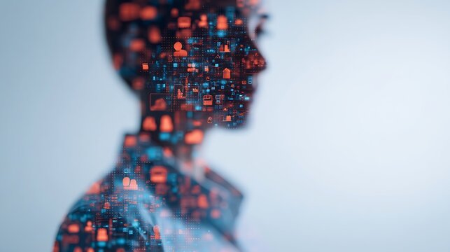 A profile silhouette filled with colorful digital icons, representing technology, data, and connectivity.