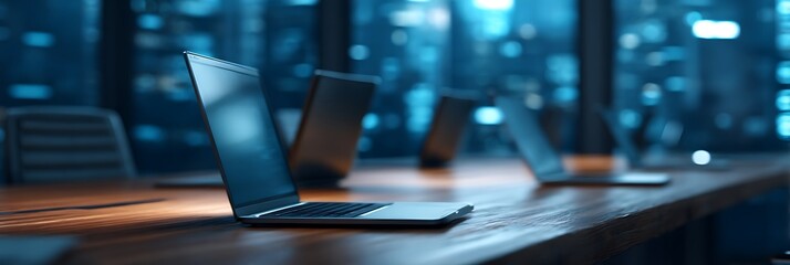 A sleek workspace featuring laptops on a wooden table, illuminated by soft blue lighting from city buildings outside.
