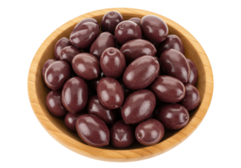 Isolated bowl of shiny dark brown olives, marinated and ready to eat as appetizer or snack