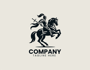 Naklejka premium Knight on horse black vector logo illustration