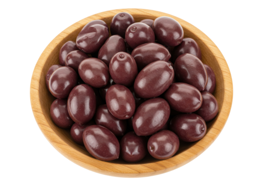 Isolated bowl of shiny dark brown olives, marinated and ready to eat as appetizer or snack - Powered by Adobe