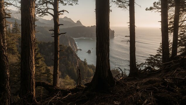 Majestic coastal panorama viewed through a dense forest of ancient pine trees, revealing rugged cliffs, a vast ocean, and a warm, golden horizon.