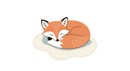 Fototapeta premium A cute cartoon fox with orange fur curled up asleep on a light beige cloud-shaped cushion against a white background.