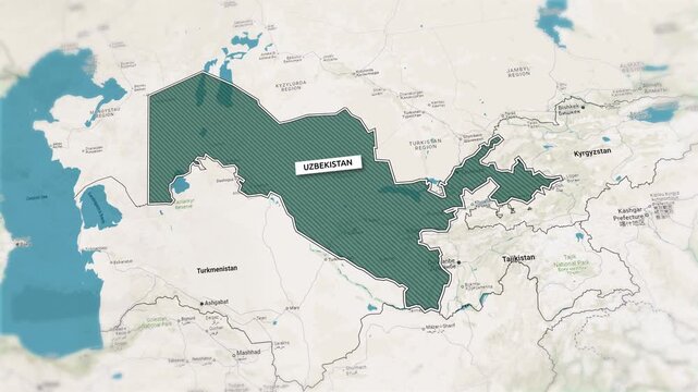 Borders of the state of Uzbekistan on the map. Country Uzbekistan on the map is highlighted by a polygonal border. From above zooming in with panoramic view