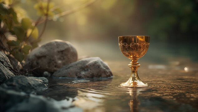 Enchanted Relic: Ornate Golden Chalice Standing in Rippling Forest Stream, Bathed in Mystical Sunlight