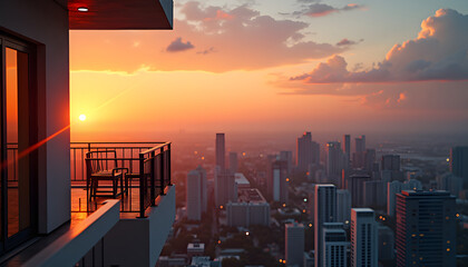 Balcony view with sunset cityscape – for travel or real estate themes