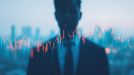 A blurred figure in a suit stands before an abstract graph depicting financial data trends, symbolizing business and investment analysis.