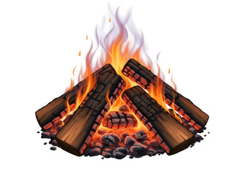 Isolated Firewood Flame Ember, Illustration of Burning Wood Logs and Charcoal, Graphic Design