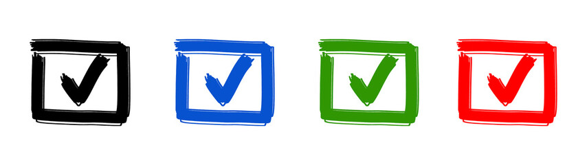 hand drawn graphic symbols illustration - set collection  check mark icons right correct buttons, yes checkmark tick box icon, checkbox, square frame, template, isolated on transparent background png