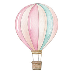 Naklejka premium Watercolor hot air balloon clipart, pastel pink and blue air balloon illustration