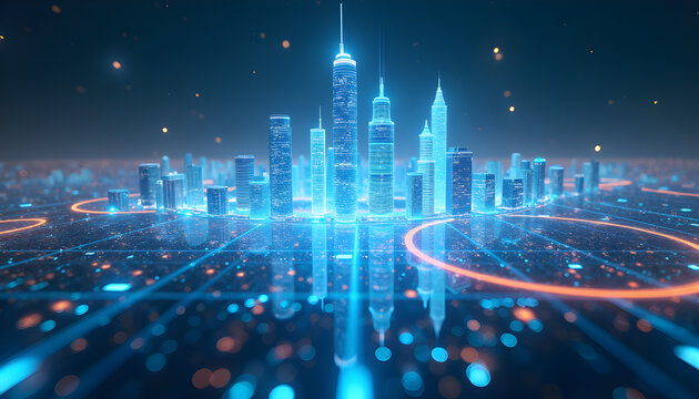 Futuristic hologram cityscape – for smart city or metaverse concepts