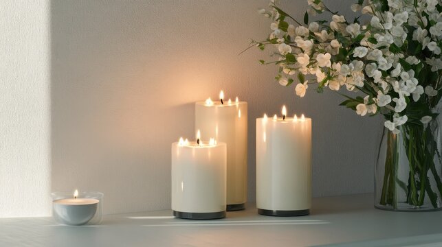 Lit candles and blossoms: a serene composition of light and nature