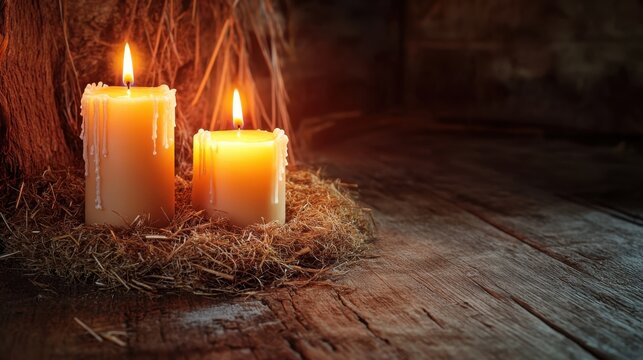 Two luminous candles nestled in hay on rustic wood